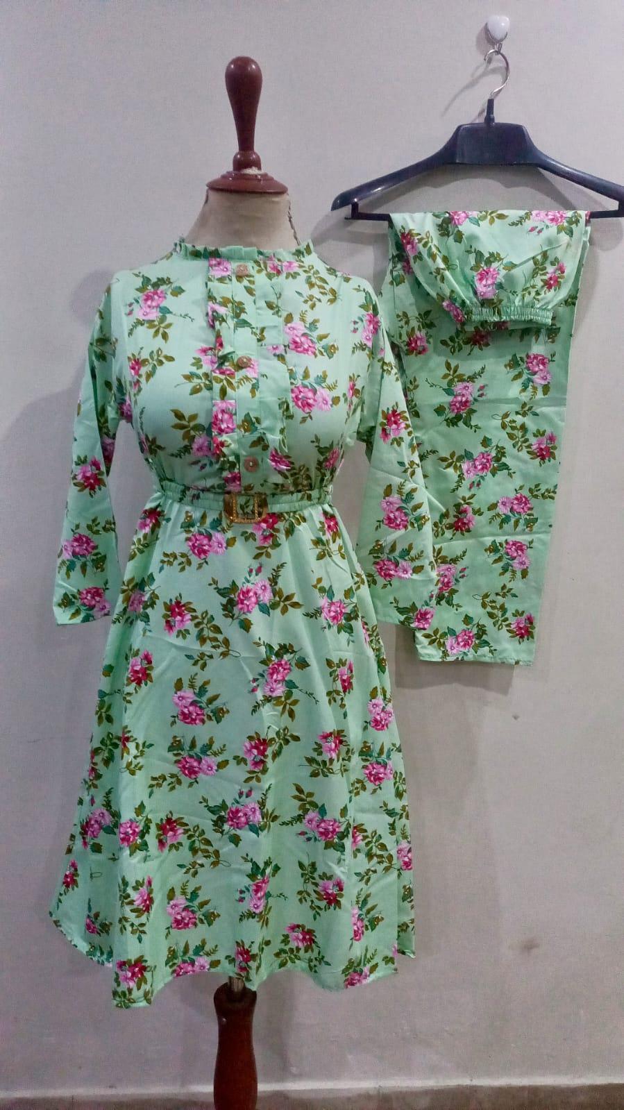 Printed Cotton Frock And Trouser Set - 2 Pcs - Women's Stitched Fashion