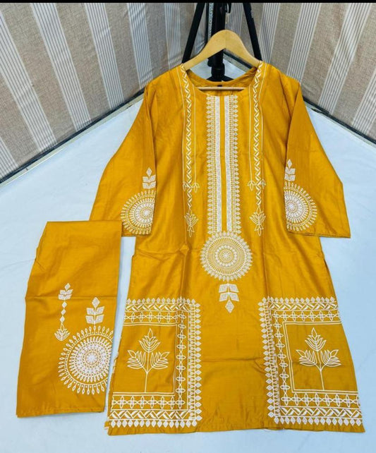 2 Pcs Block Print Woman's stitched Linen Suit