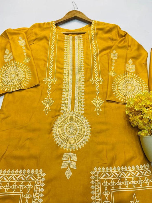 2 Pcs Block Print Woman's stitched Linen Suit