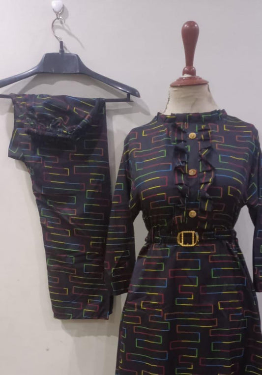 Printed Cotton Frock And Trouser Set - 2 Pcs - Women's Stitched Fashion